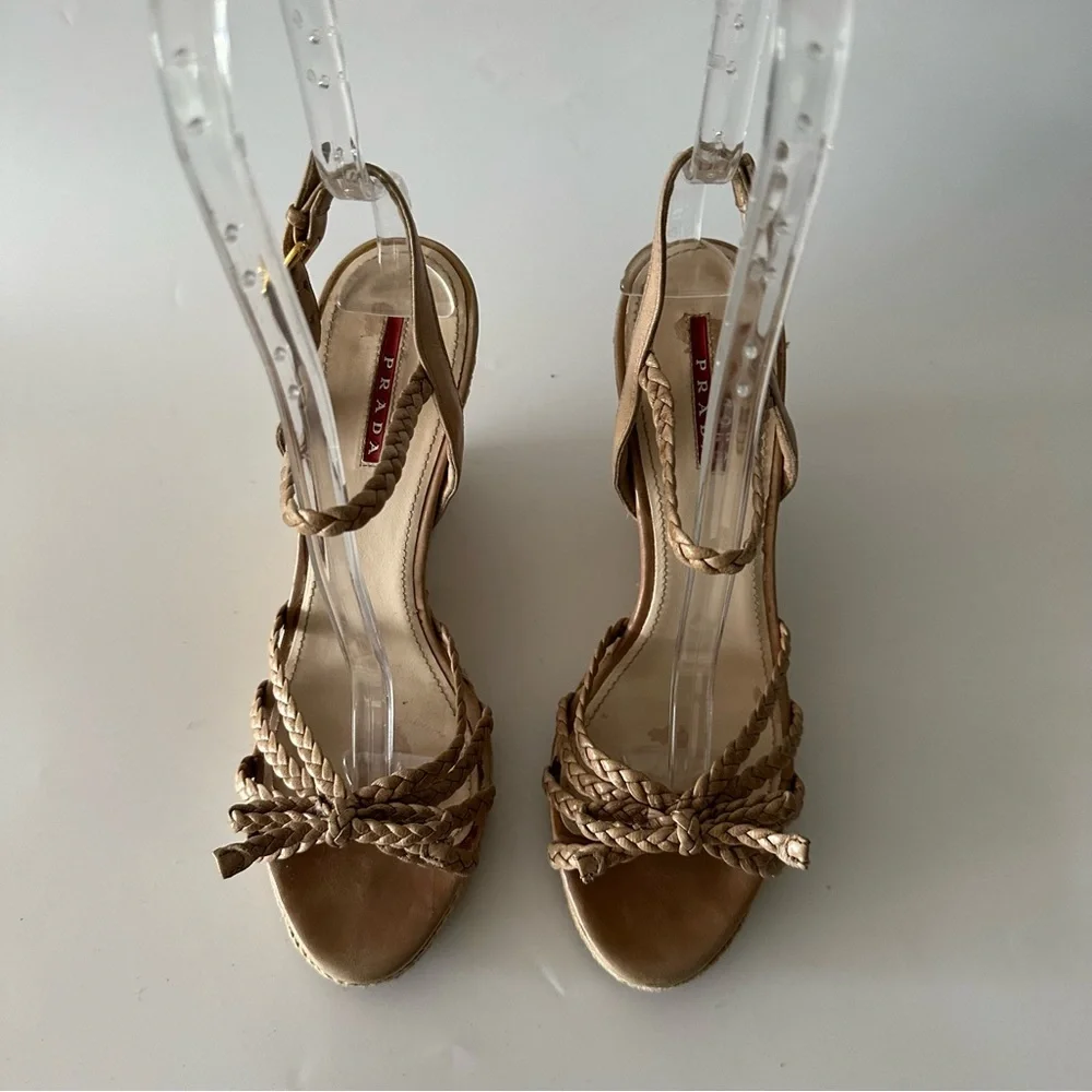 Prada Wedge Platform Sandals Cream Leather Ankle Strap Cork  Size 39.5 - Picture 2 of 9